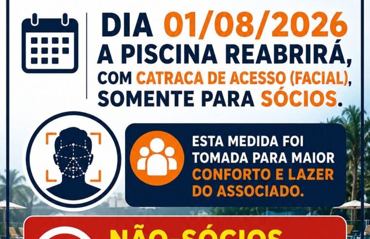 📌 O GREI informa aos seus associados que, a partir do dia 1º de agosto de 2026, a piscina do clube será reaberta para utilização.