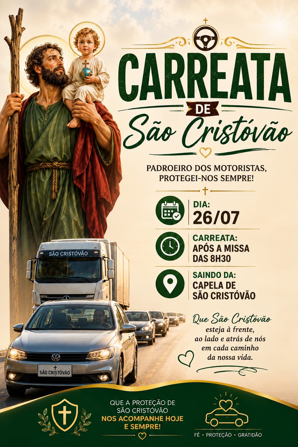 🚗🙏 Motoristas e famílias são convidados para a tradicional Carreata de São Cristóvão