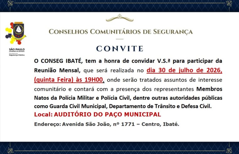 📌 CONSEG Ibaté convida população para reunião sobre segurança pública nesta quinta-feira