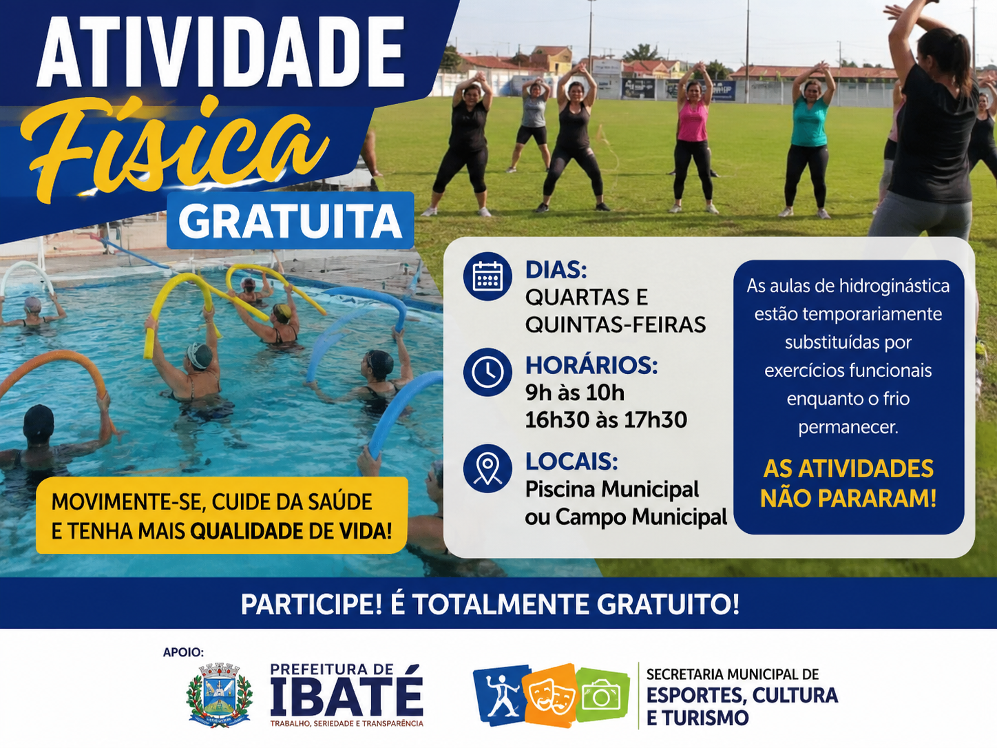 💦 Movimente o corpo, cuide da saúde e participe das atividades gratuitas da Prefeitura de Ibaté!