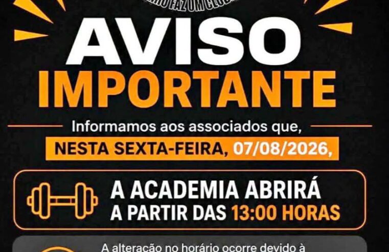 📌 GREI Ibaté informa alteração no horário de funcionamento da academia nesta sexta-feira