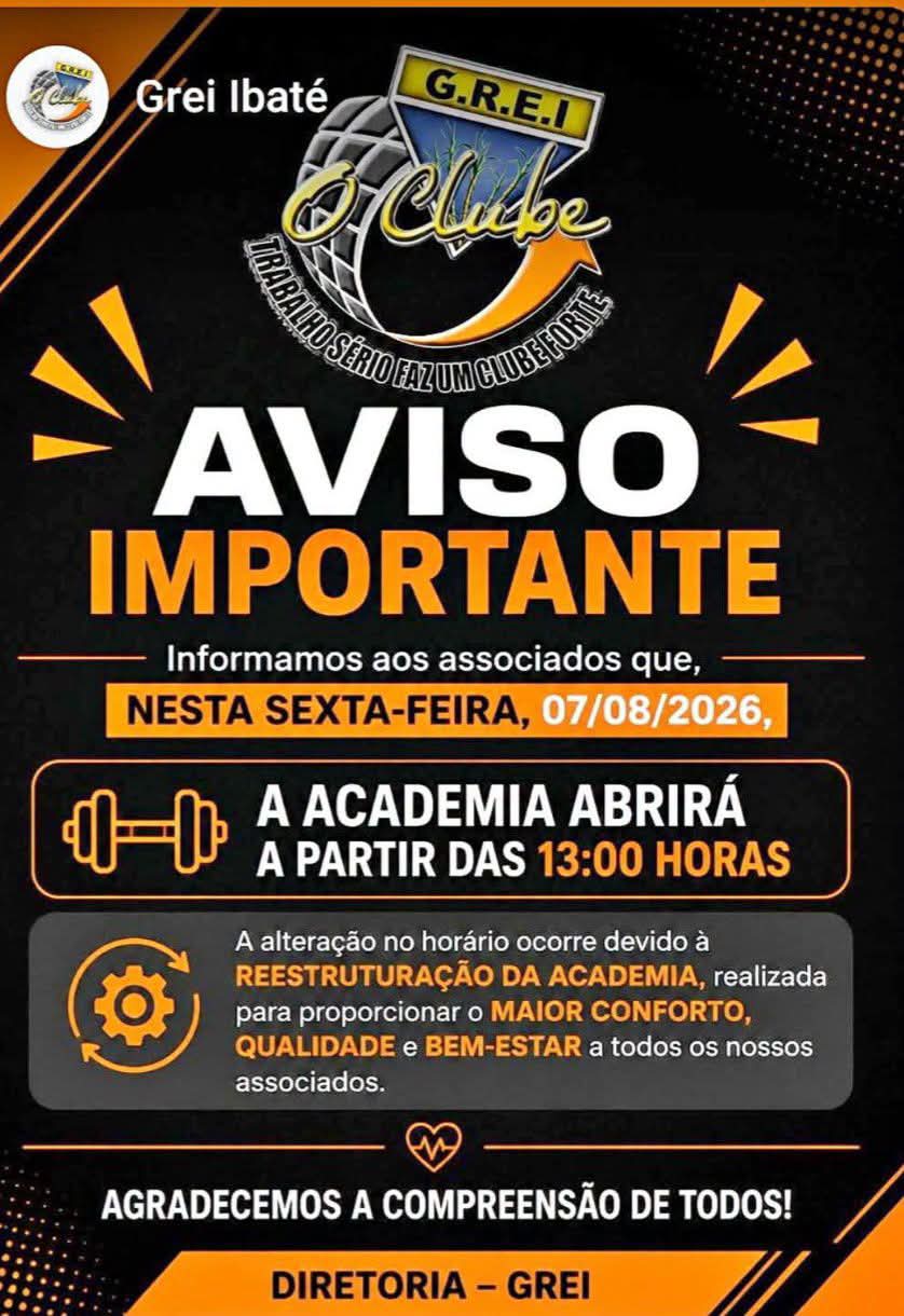 📌 GREI Ibaté informa alteração no horário de funcionamento da academia nesta sexta-feira