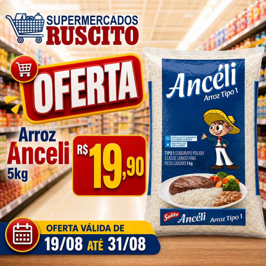 🍚🔥 Arroz Anceli 5kg por apenas R$ 19,90!O Supermercados Ruscito está com uma oferta especial para quem quer economizar nas compras do dia a dia. 🛒💰