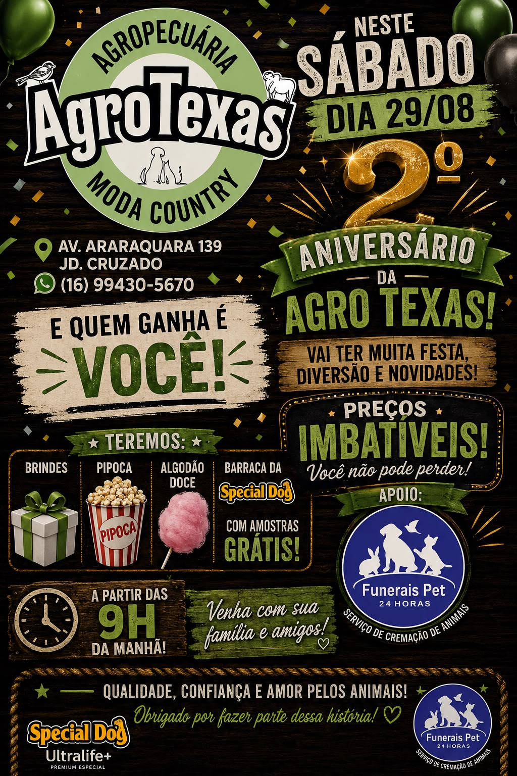 📌 AgroTexas comemora 2º aniversário com uma festa especial neste sábado! 🐾🤠