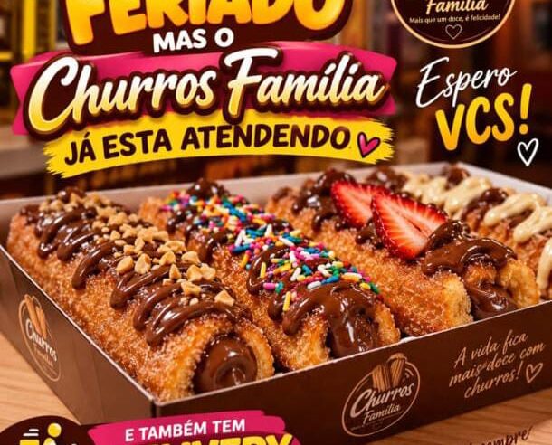 🍫✨ É feriado, mas o Churros Família já está atendendo! ✨🍫