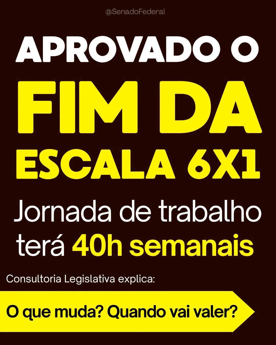 Aprovada no Senado a PEC que reduz a jornada de trabalho para 40h semanais e acaba com a escala 6×1. As mudanças são graduais e começam dois meses após a publicação da Emenda Constitucional, que precisa ser promulgada pelas Mesas do Senado e da Câmara.Por: Senado Federal