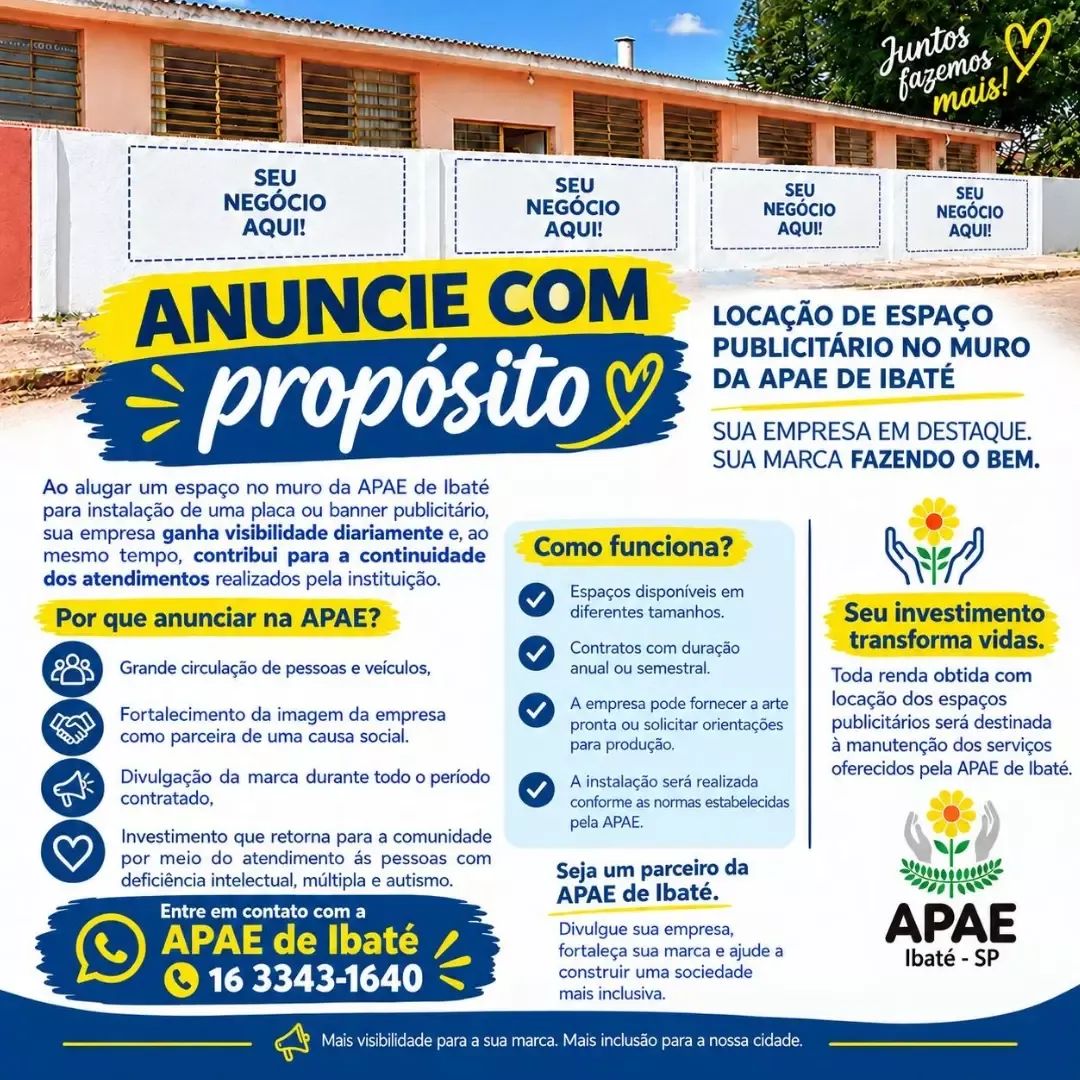 📌 APAE de Ibaté convida empresas a anunciarem suas marcas e apoiarem a inclusão