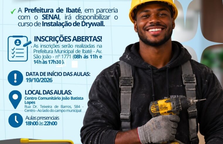 📌 ATENÇÃO, IBATÉ! PREFEITURA ABRE INSCRIÇÕES PARA CURSO GRATUITO DE DRYWALL COM VAGAS LIMITADAS