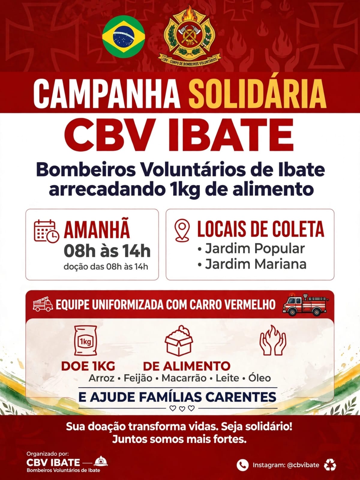 🚒 BOMBEIROS VOLUNTÁRIOS DE IBATÉ PROMOVEM CAMPANHA SOLIDÁRIA DE ARRECADAÇÃO DE ALIMENTOS!