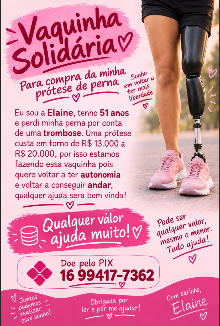 🚨 CORRENTE DO BEM: ELAINE PRECISA DE AJUDA PARA CONQUISTAR SUA PRÓTESE DE PERNA! 💗